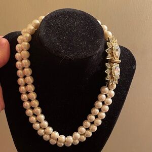 Vintage Double-Strand Faux Pearl Necklace with Ornate Gold-tone Sunburst Clasp